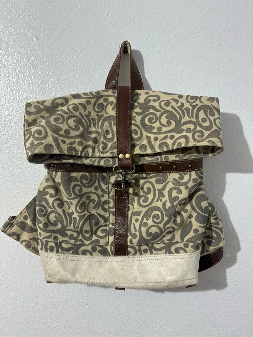 Myra Bag - Foldover Backpack Bag - Hairon, Canvas, & Leather